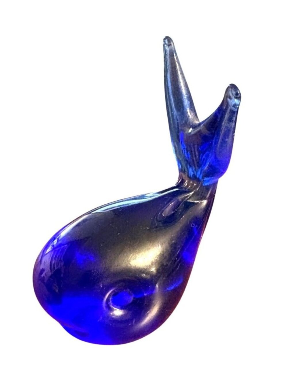 Vintage Cobalt Blue Glass Whale Figurine Paperweight Hand Blown Decorative